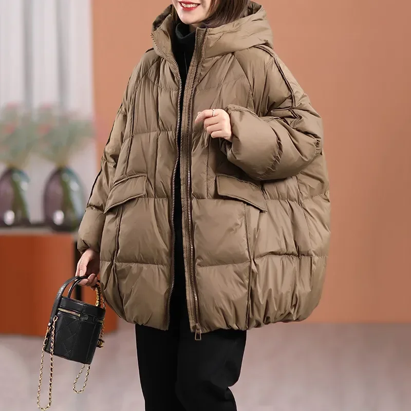 Lagabogy 2023 New Winter Women White Duck Down Jacket Hooded Warm Oversize Puffer Coat Female Casual Loose Parkas Pocket Outwear