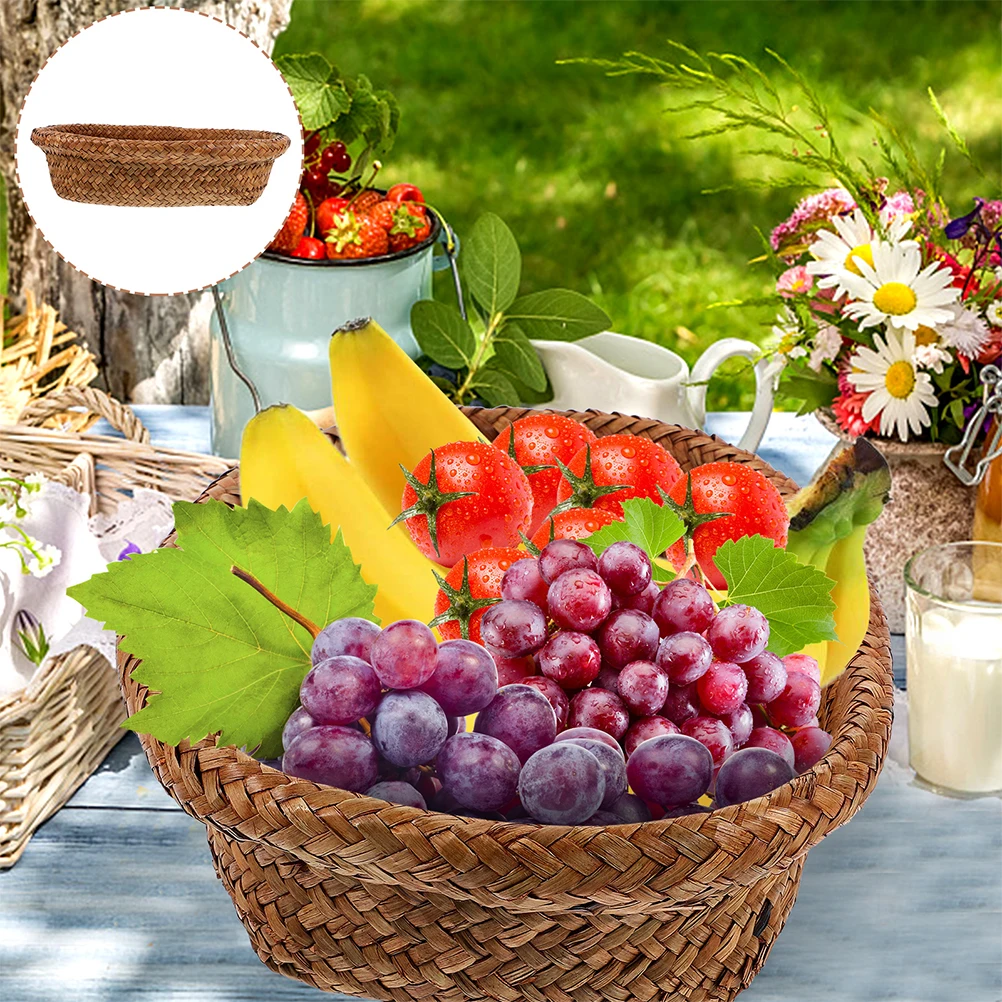 

Picnic Basket with Handles Bread Serving for Desk Hand-woven Baskets Grass Storage