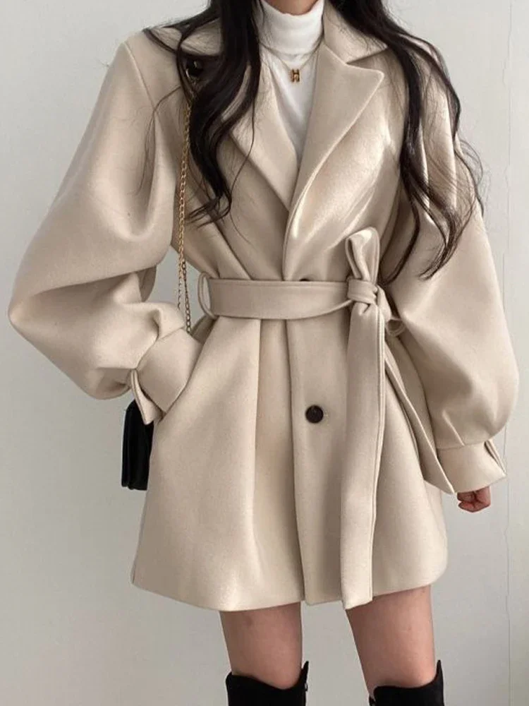 Vintage Woolen Coat Women Autumn Winter Lantern Sleeve Lapel Coat Female Korean Fashion Elegant Bandage Hepburn Style Overcoat