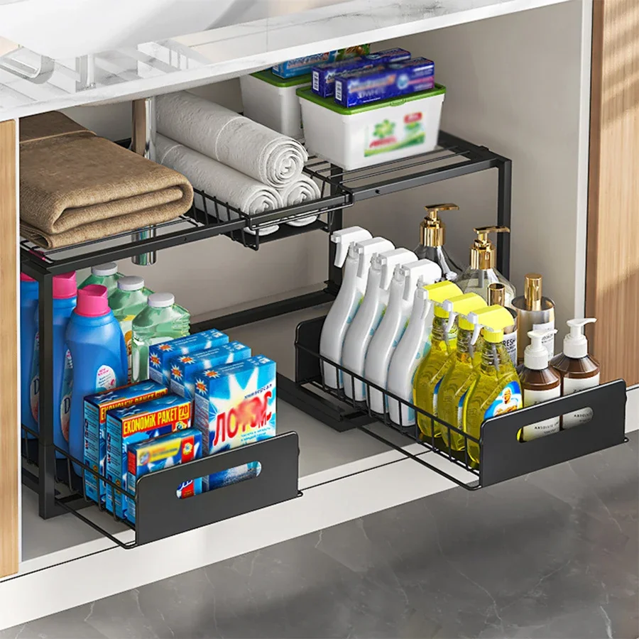 Abnehmbarer 2-in-1-Organizer unter der Spüle, ausziehbare Schublade, verstellbares mehrschichtiges Aufbewahrungsregal für Küchenschrank/Badezimmer, Schwarz