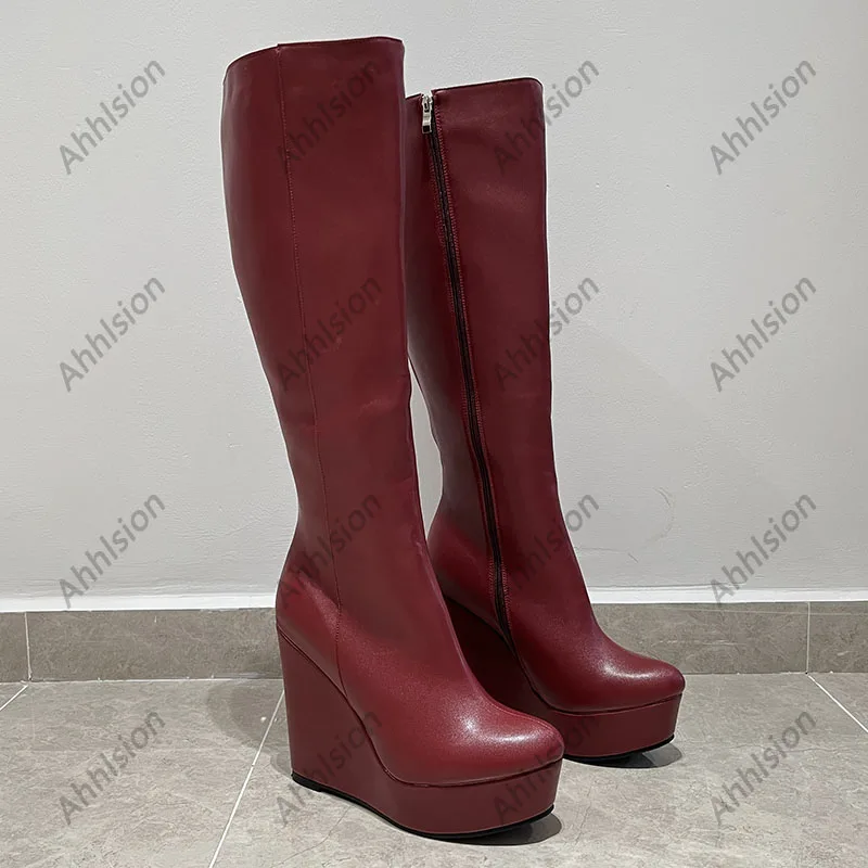 Ahhlsion Handmade Women Winter Knee Boots Stiff Matt Wedges Heels Round Toe Goregous Burgundy Shoes Ladies US Plus Size 5-20