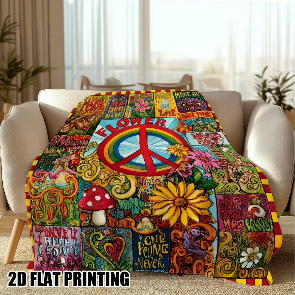 1pc 2D Digital Print Vintage 60s/70s Hippie Blanket - Soft Flannel for All-Season Warmth, with Psychedelic Peace Signs, Floral P