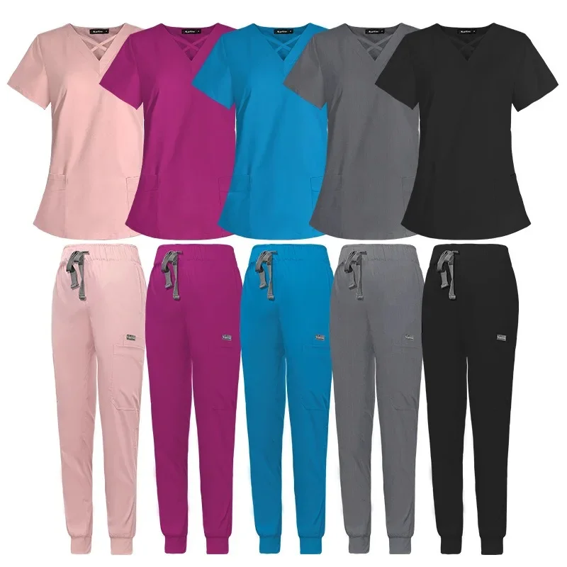 Beauty Tops Pants Medical Uniform Surgery Scrubs Set Short Sleeve Pet Shop Doctor Nurse Nursing Uniform Women Workwear Scrub Set