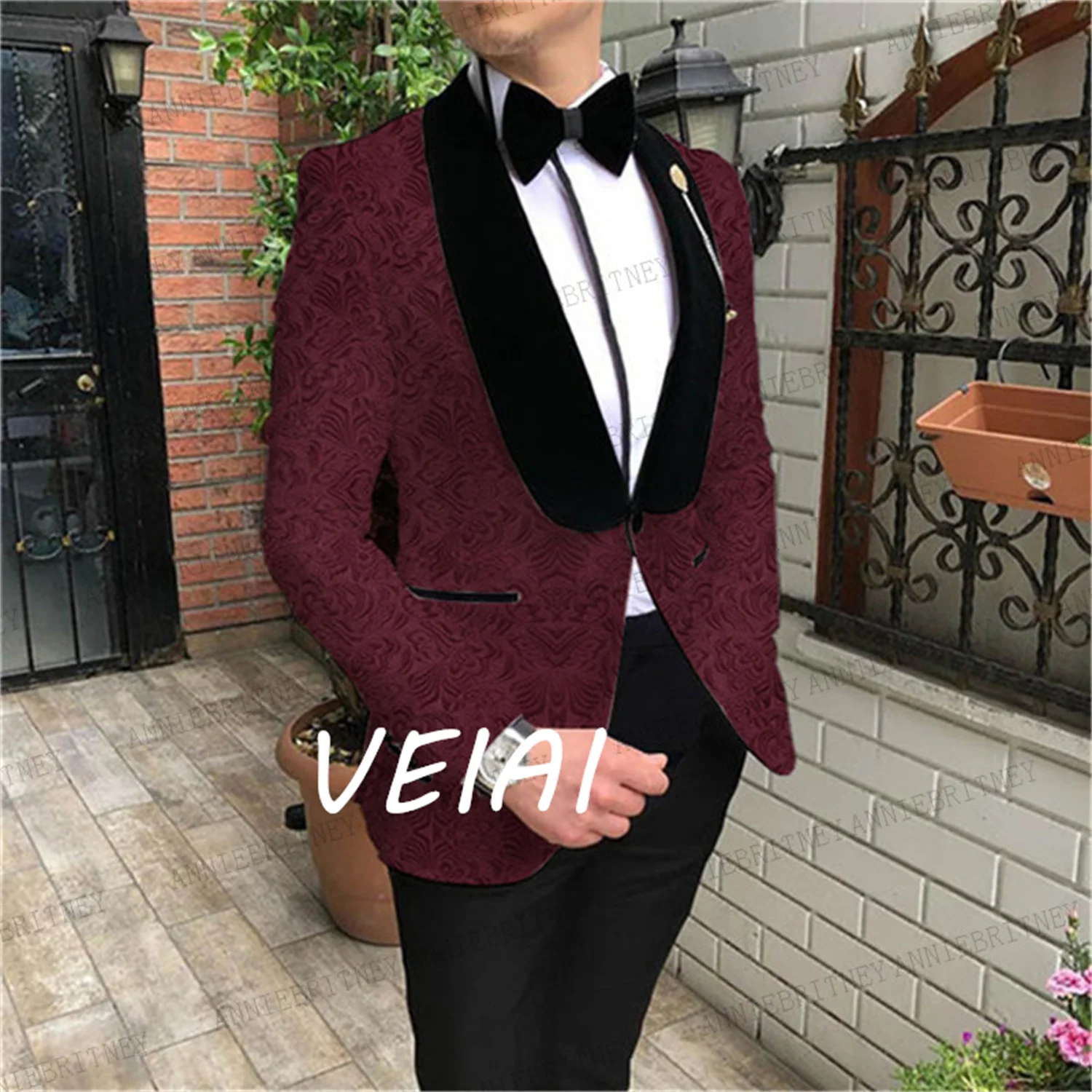 

CustomizedShawl Lapel Burgundy Jacquard Mens Suits Slim fit Set Custom Blazer Men Bridegroom Wedding Suit Tuxedo Jacket with Pan
