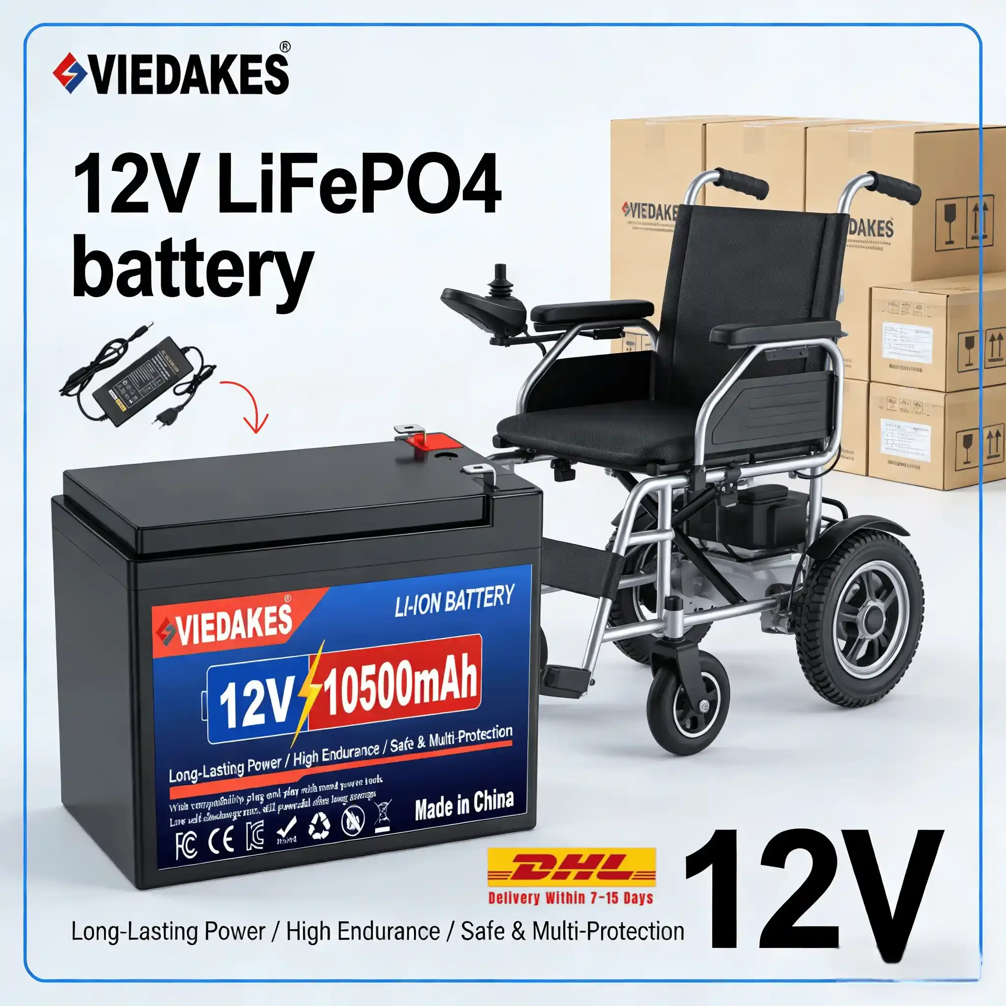 

VIEDAKES 12V LiFePO4 Battery 3S7P 10.5Ah 100% Real Capacity with Charger for Camping Outdoor Farm Use
