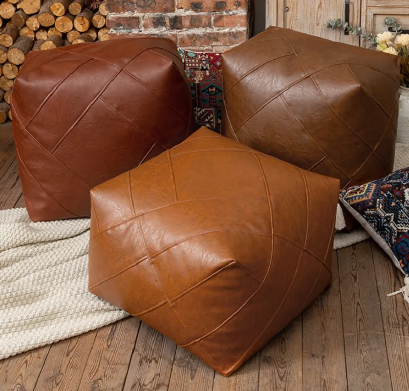 Nordic Moroccan PU Leather Cushion Cover Tatami Unstuffed Floor Cushion Case Meditation Pouf Home Decor Wax Leather Ottoman