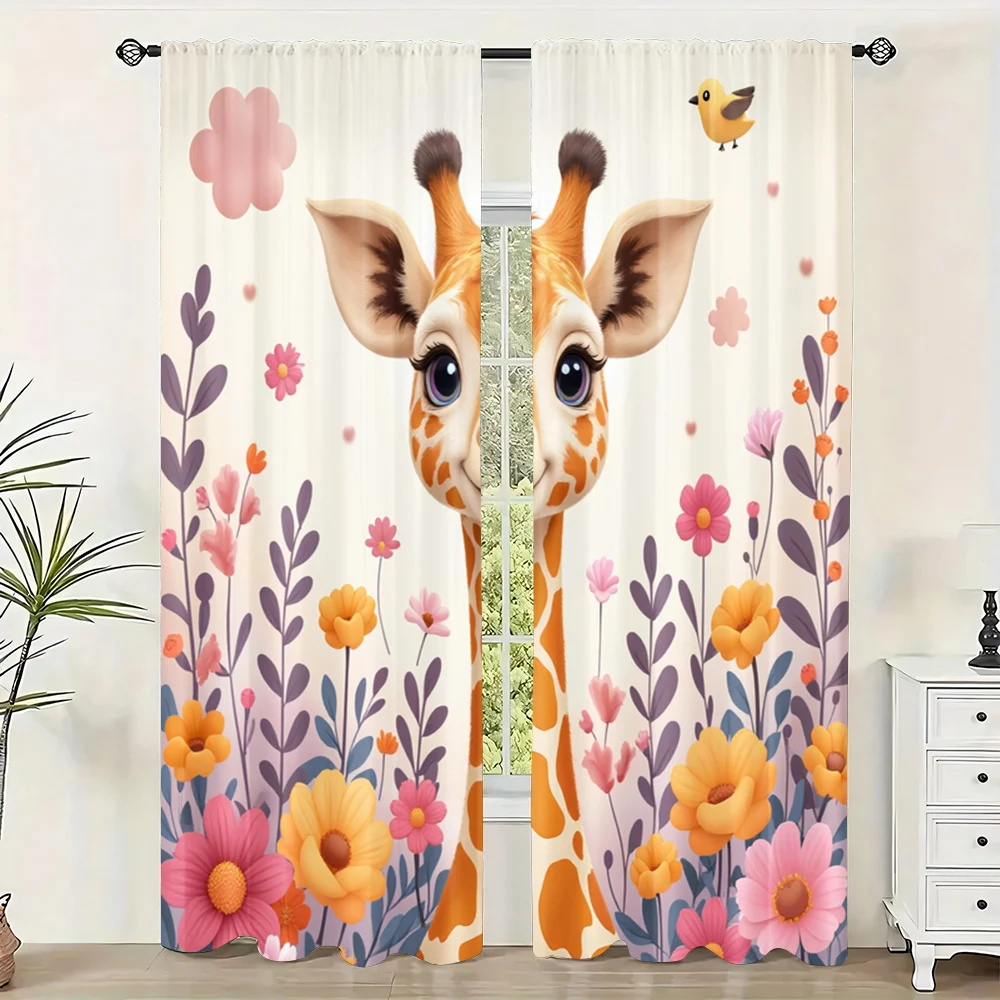 

2pc, Window Curtains Giraffes, colorful flowers Versatile 100% Polyester,Without Electricity Versatile Use for Hotel decoration