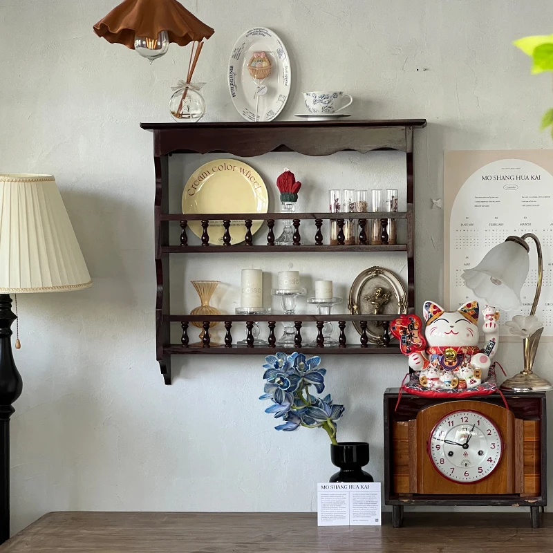 

Vintage Wall-Mounted Coffee Cup Rack - Solid Wood Floating Shelf with Glass Doors for Kitchenware Organization & Luxury Decor