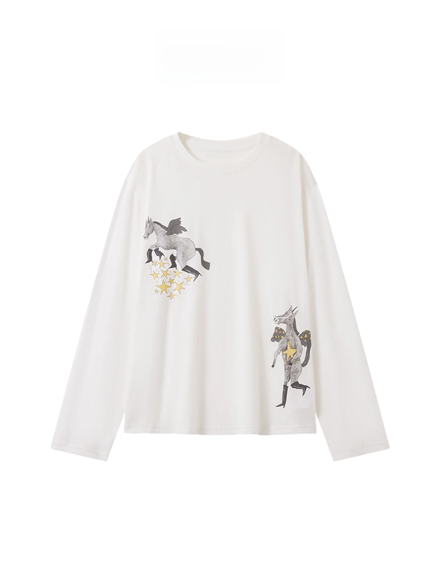 

Casual Cotton round Ne Long Sve T-irt Women's Loose Fit Spring New Sle Pure Color Cartoon Print Top