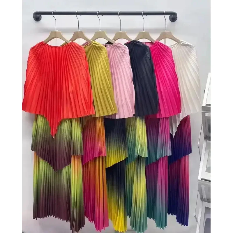 New Miyake Suit Gradient Pleated Spliced 2 Piece Set Women Fashion Irregular Tops High Waist A-line Long Skirts Sets Clothing