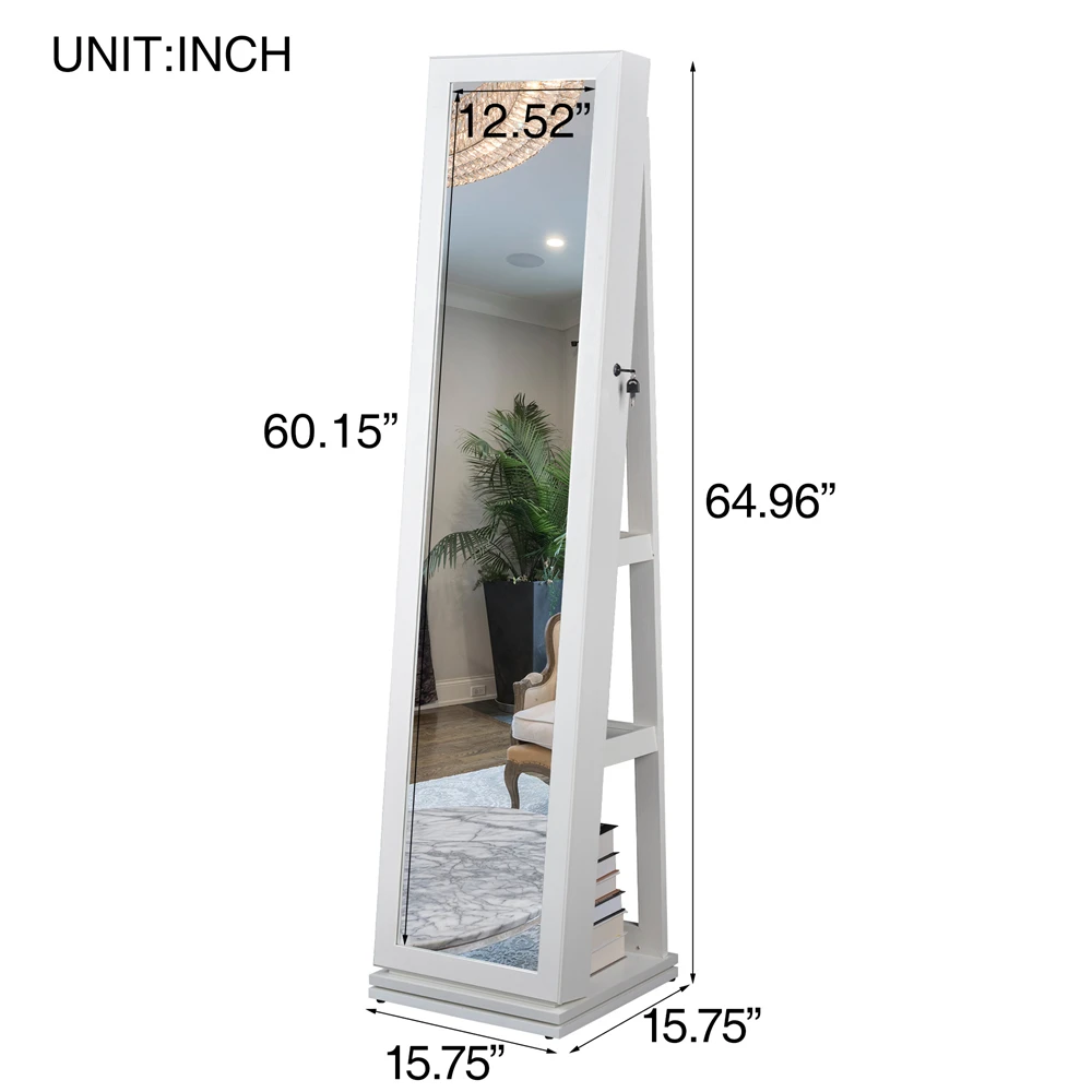 Full Length Mirror 360° Swivel Jewelry Cabinet Luxurious Interior Ample Storage Space-saving Design Jewel Case Jewel Box