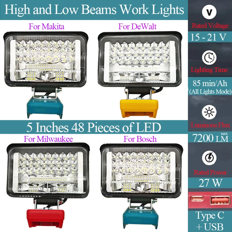 Power Tool Parts For Makita For DeWalt For Bosch For Milwauke For M18 Li-ion Battery 5 Inch LED Work Lights Torch Camping Lamp