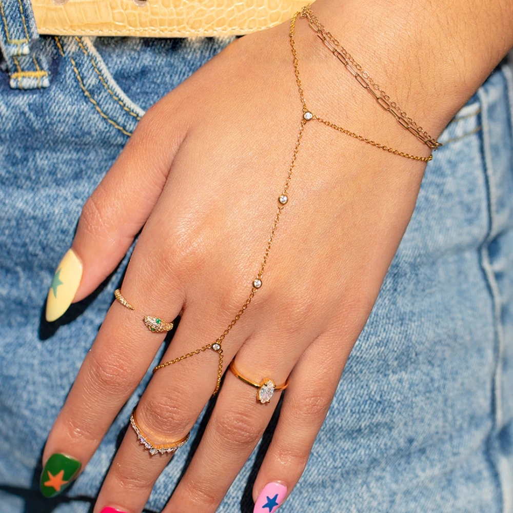 18K Gold Plated Stainless Steel Hand Chain Bracelet Zircon Link Slave Finger Ring Bracelet Fashion Jewelry for Women
