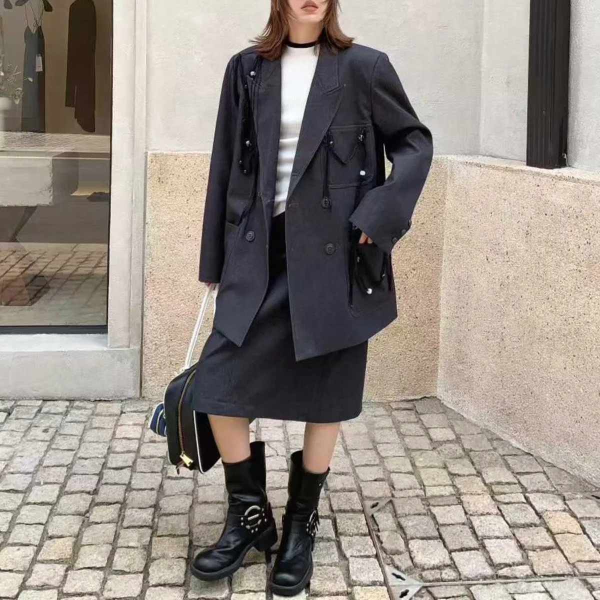 KWTX レディース 2025 無地 ダブルブレスト ブレザー 秋冬 ヴィンテージ シック ノッチドラペル ポケット付き プレミアム 快適