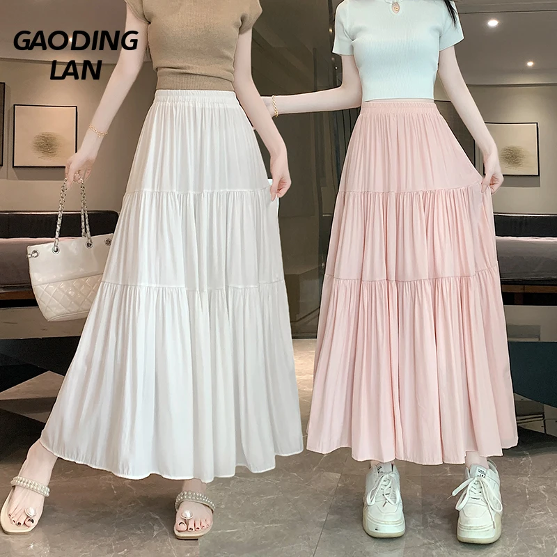

GAODINGLAN Versatile Large Hem Long Skirt Women Solid High Waist A Line Skirts Summer Female Patchwork Pleated Skirt Elegant