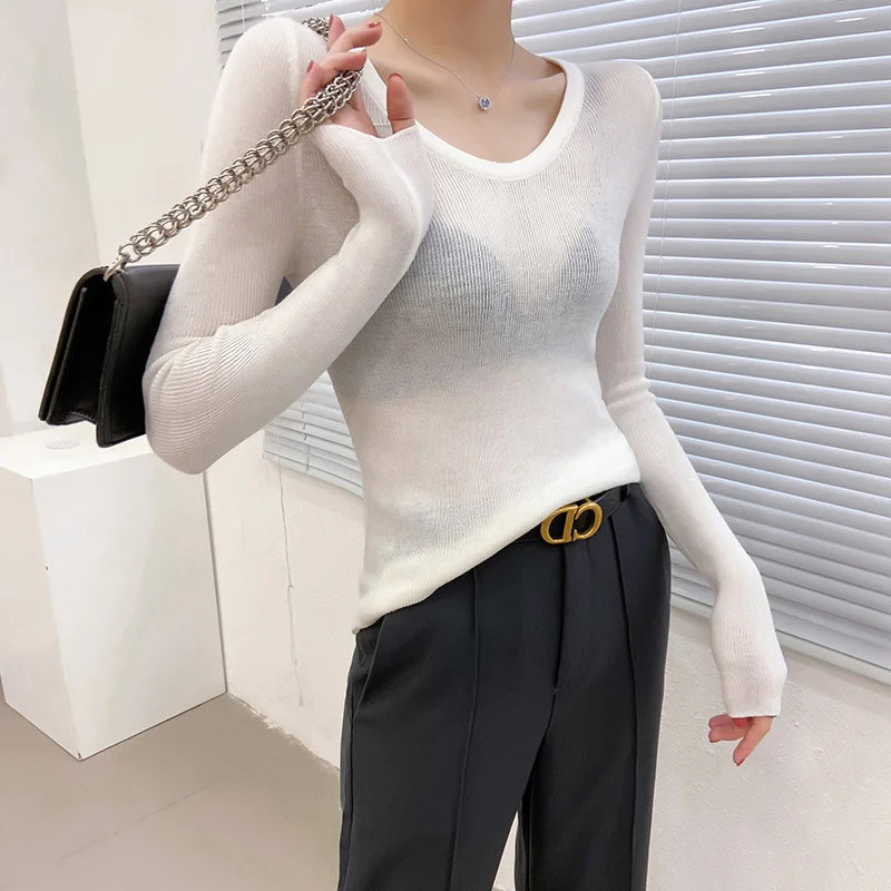 

U-neck Base Shirts Women's Slim Fit Long Sleeved Sweater Sexy Collarbone Slightly Transparent Jumpers Europe American Supermodel