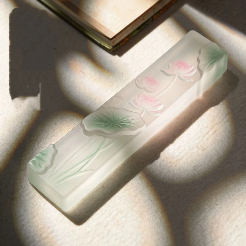 Imitation Glaze Paperweight Chinese Calligraphy Painting Crystal Pink 3D Embossed Lotus Pattern Paper Press For Writing Drawing