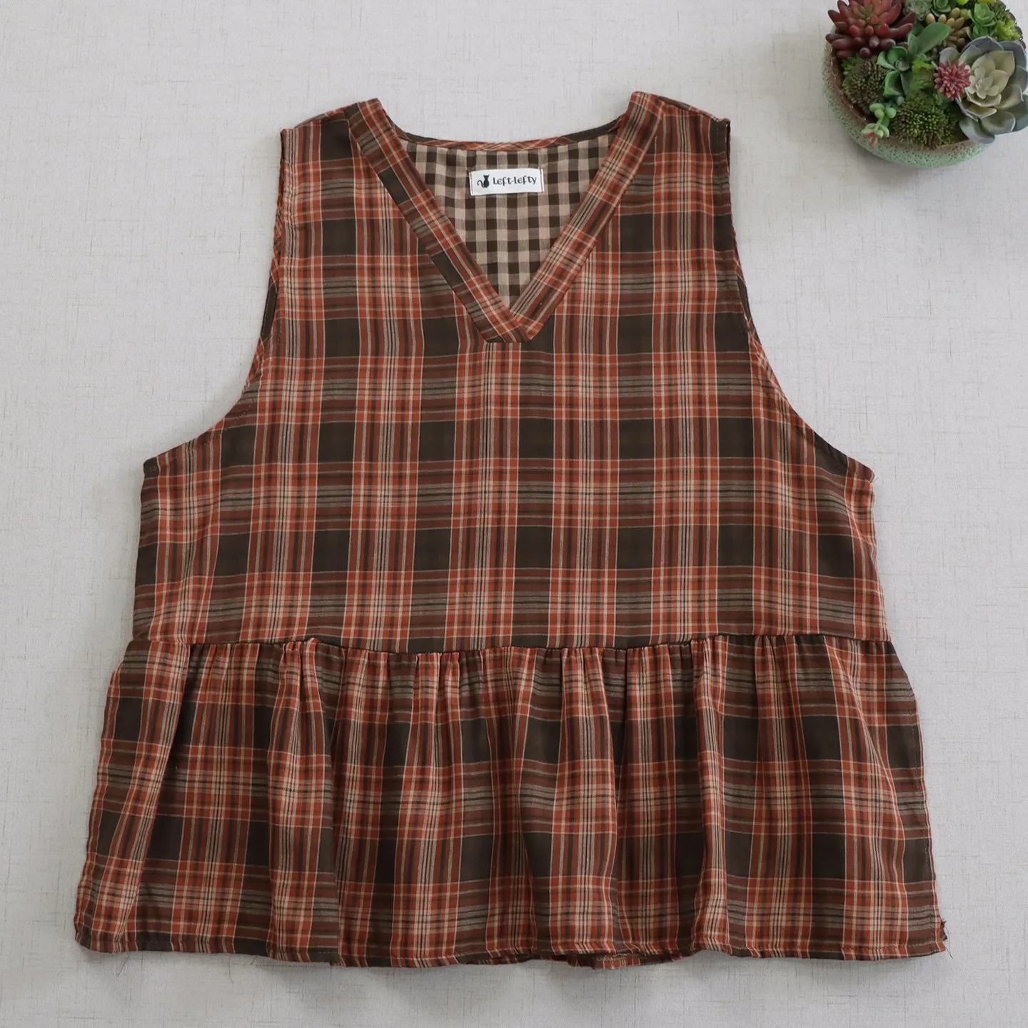 Japanese Mori Girl Vintage Plaid Ruffles Cotton Tank Tops Women Summer New V-Neck Sleeveless Casual Loose Retro Vest Tops