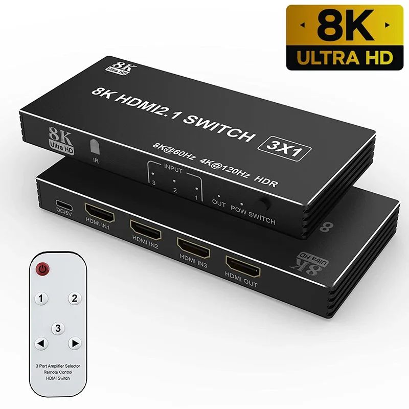 8K HDMI Switch 5x1 4x1 3x1 4K 120Hz HDMI 2.1 Switch 5 in 1 out Selector Box Support 48Gbps HDR10 HDCP2.3 for PC Xbox PS5 Monitor