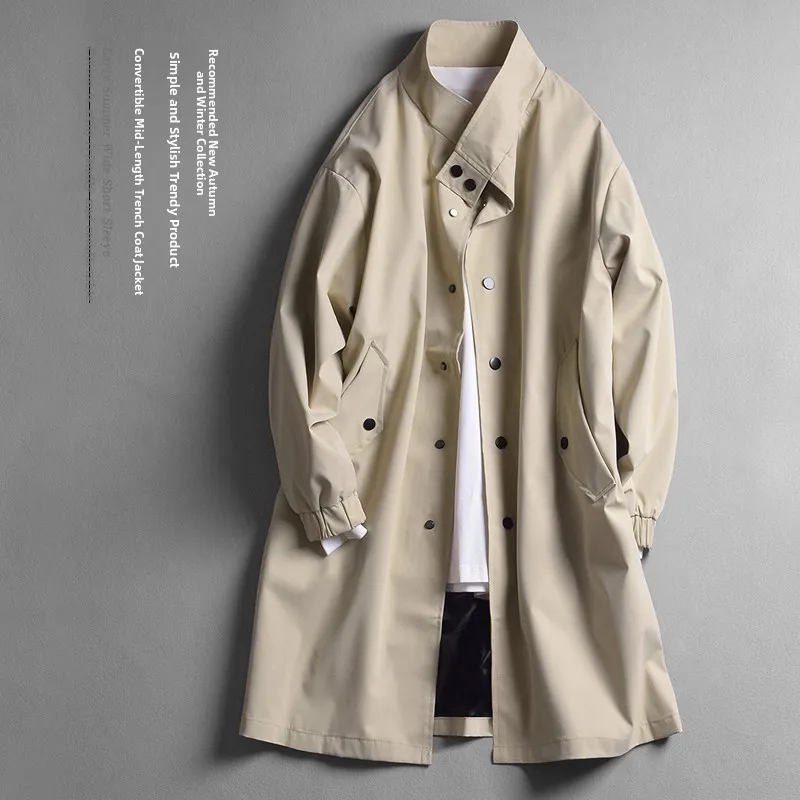 

Мужское пальто цвета хаки с длинным рукавом, высоким воротником, осеннее, повседневное, однобортное, однотонное