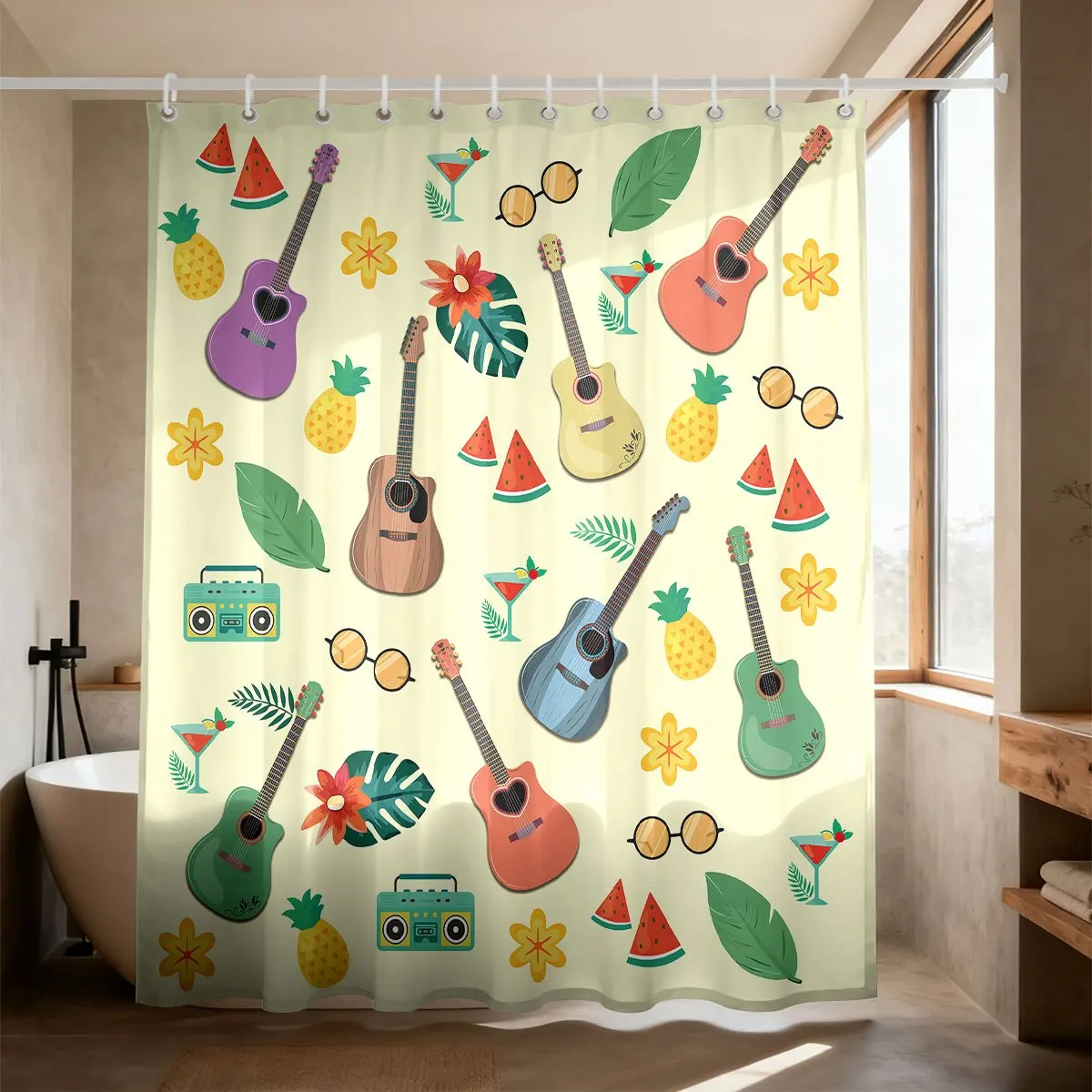 Fun Retro Tropical Guitar Shower Curtain, Boho Music Fruit Pattern Bathroom Decor Shower Screen
