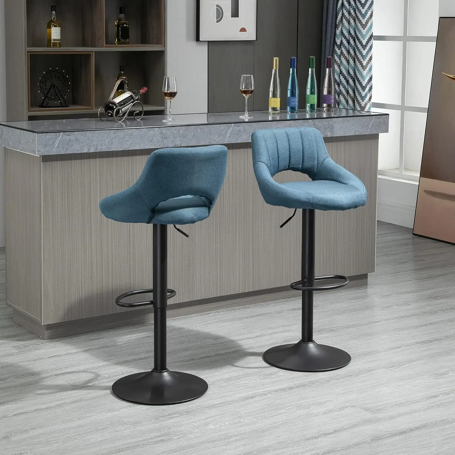 Bar Stools Set of 2, Swivel Bar Height Barstools Chairs with Adjustable Height, Round Heavy Metal Base, and Footrest, Blue