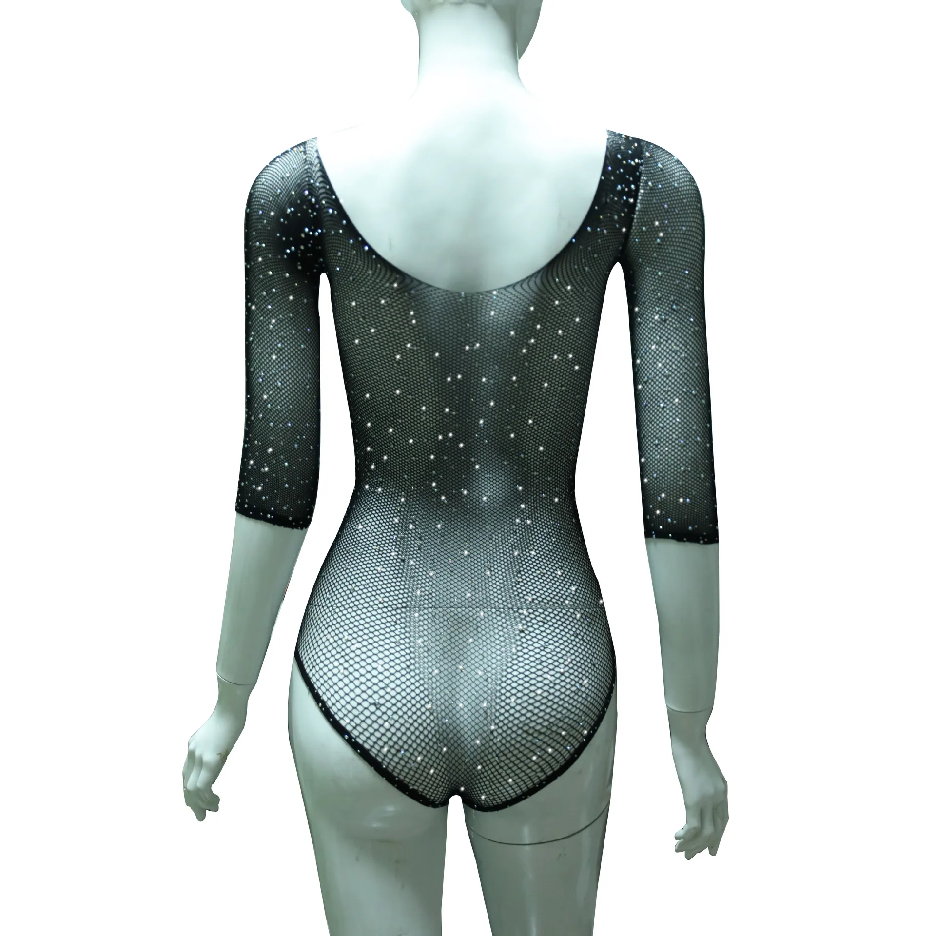 Summer Sexy Lingerie Rhinestones Slash Neck Sexy Teddy Bodysuit Temptation Mesh Full Sleeve Backless Slim Transparent Body Suits