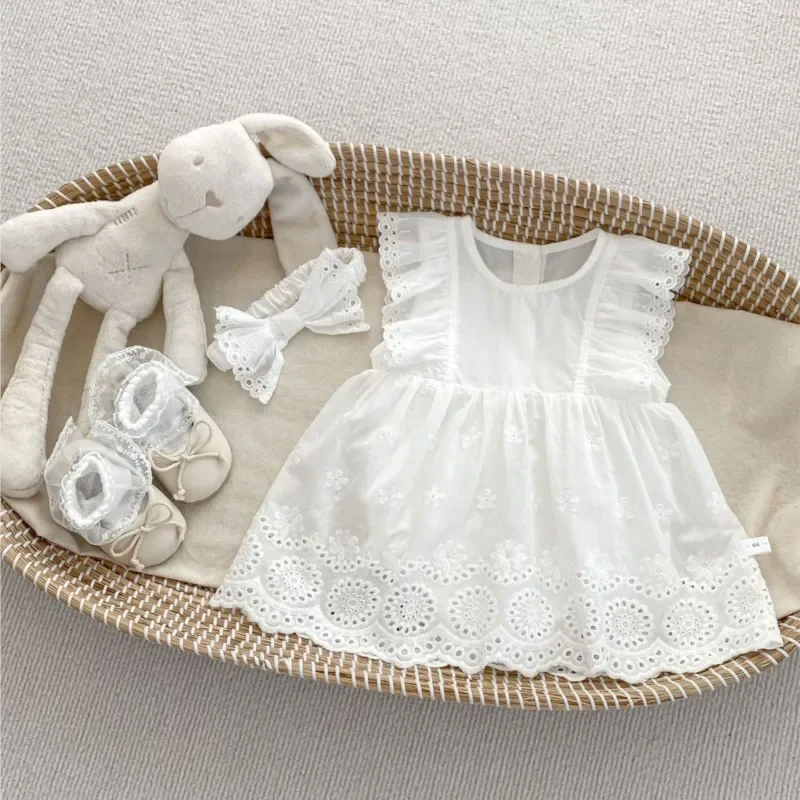 

Fashion Toddlers Birthday Princess Summer Body Clothes Baby Girls Sweet cotton embroidery Rompers Dress+bow headwear