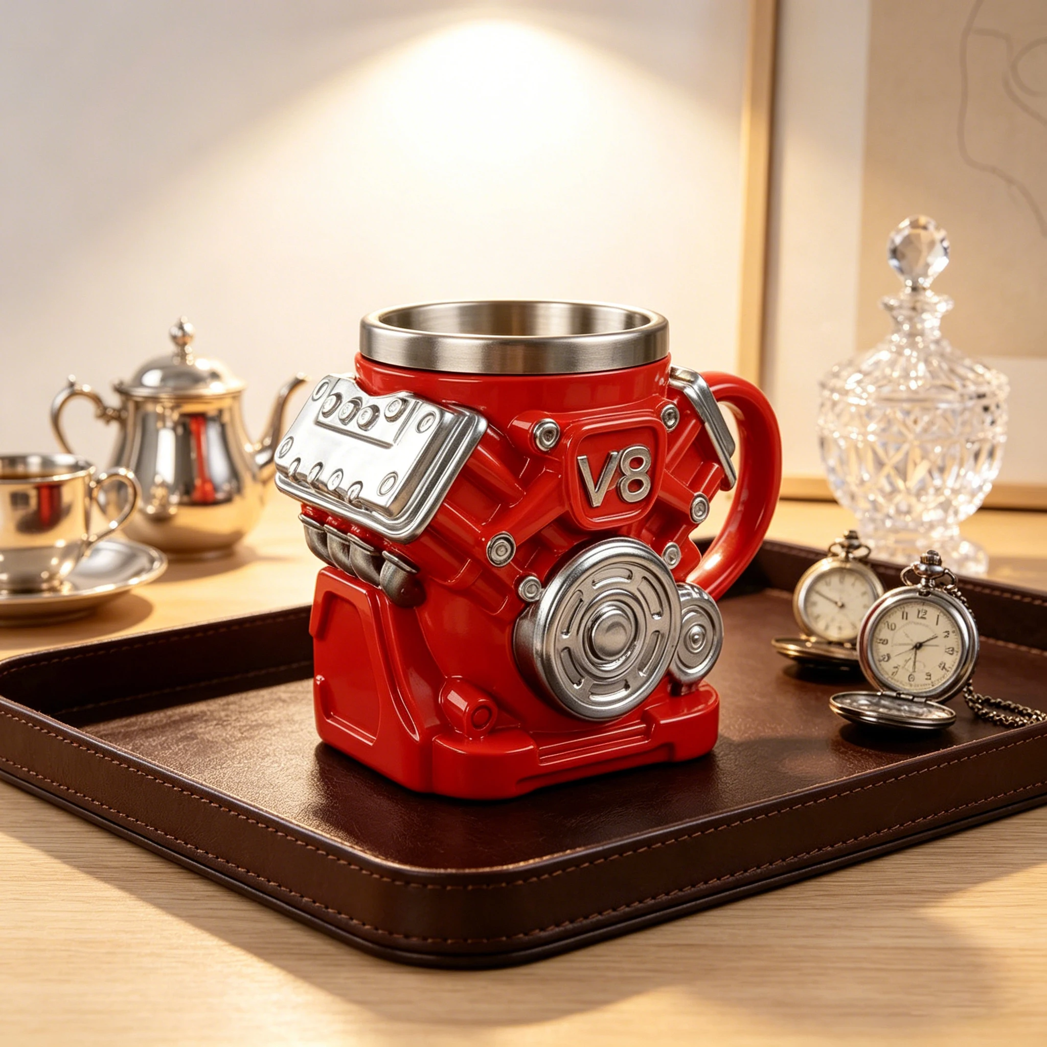 Engine coffee cup/rocket shaped coffee cup set, 304 stainless steel inner liner, durable resin shell, unique V8 car engine cylinder body and retro rocket ship design water cup, multifunctional and fun decorative desktop ornament - view 5