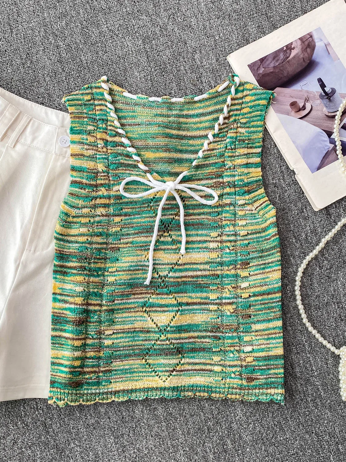 

Summer Slim Fit Stripe Svel Vest Women's Sweet een Stripes Design V-Ne Tie Waist Top Comfortable Breathable Cotton