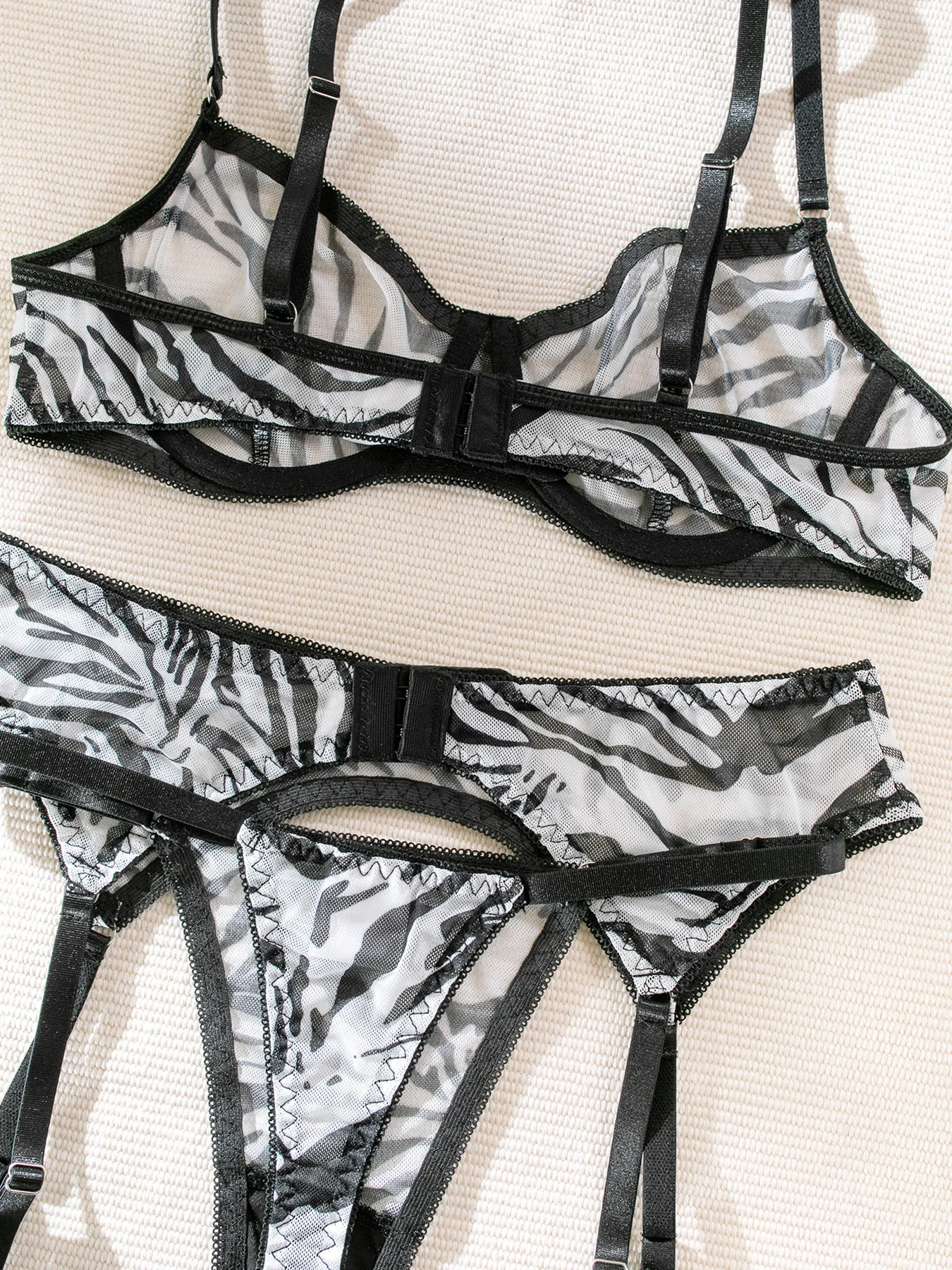 Sexy Mesh Print Zebra Perspective Underwear Women Black White Gathering Wild Neck Perspective Exotic Apparel Suit Four Piece Set