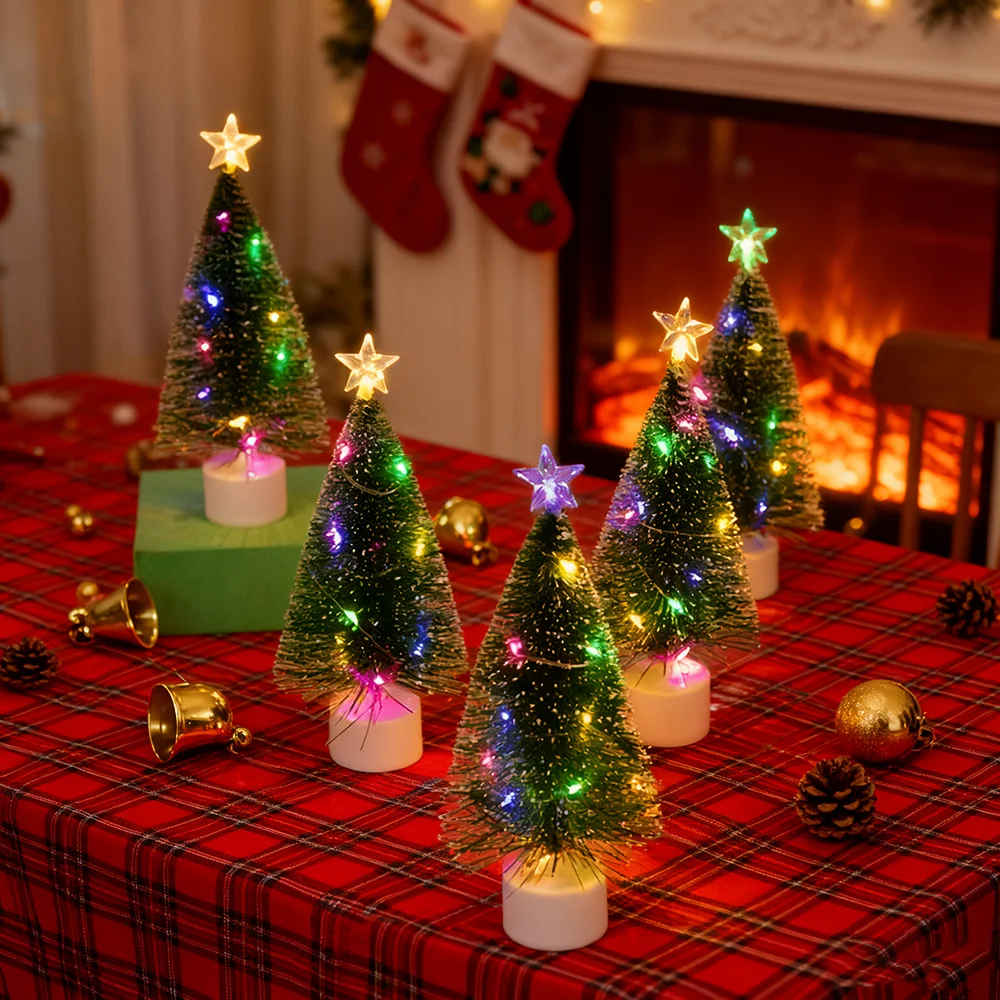 3pc Mini Artificial Christmas Tree with Colorful LED String Lights, Mini with Bases Pine Xmas Tree DIY Christmas Home Decor