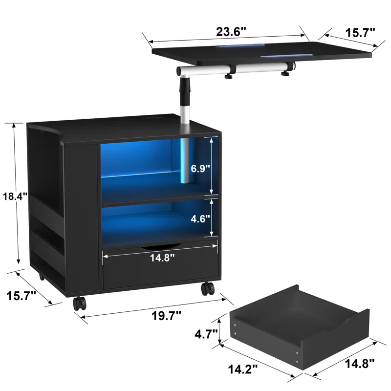 Black Bedside Table With Sensor LED Light Wooden Bedroom Nightstand Moveable Living Room Side End Table With USB Charge