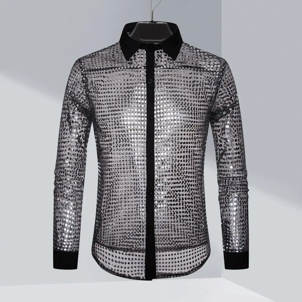 

Breathable Top Stylish Men's Sequin Embellished Lapel Shirt with See-through Design Comfortable Skin-friendly Fabric for A