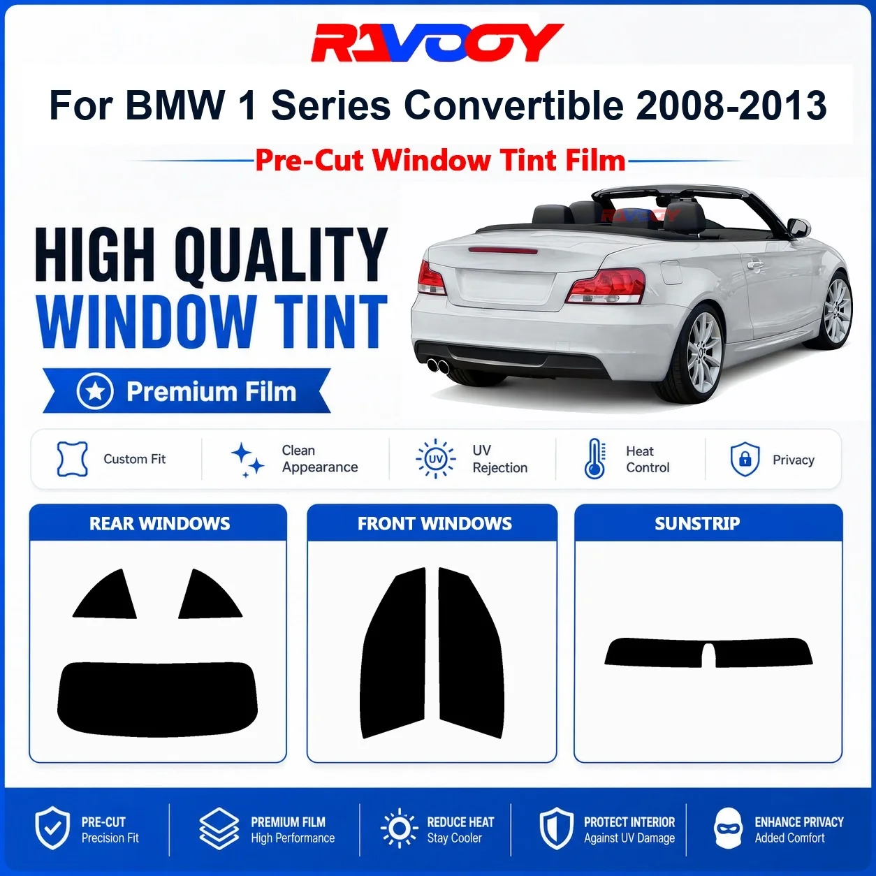 Premium Pre-Cut Window Tint For BMW 1 Series Convertible 2008-2013 Front & Rear Windows UV Heat Rejection Privacy Film