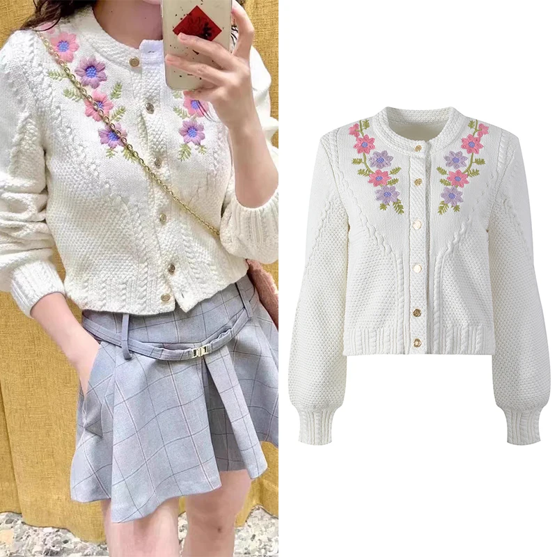 

High-End Version M Home Women's Floral Knitted Cardigan White Embroidery Long Sve Open Front Premium Quali CA00389