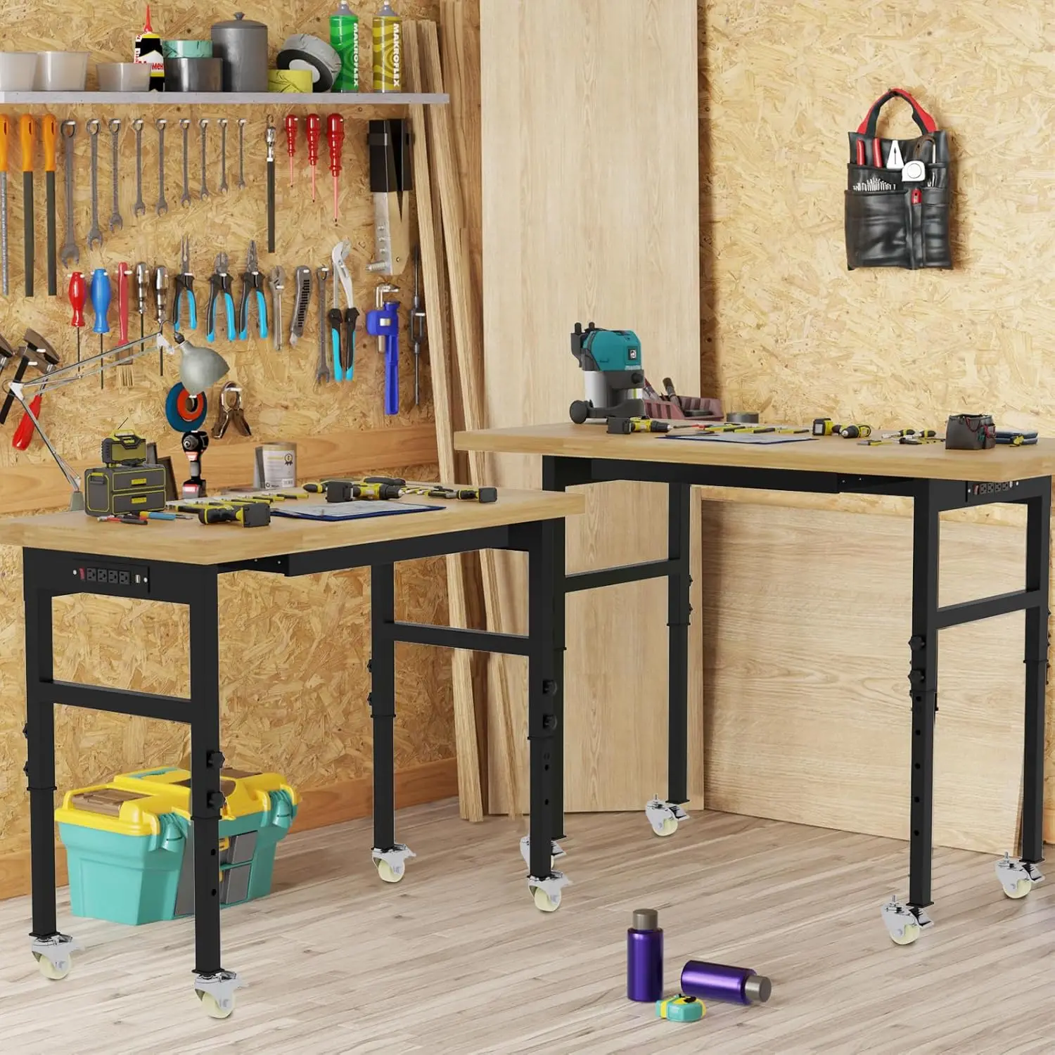 Adjustable Workbench, Solid Wood Work Bench Table with Wheels and Power Outlet, Rolling Workbench with Drawers