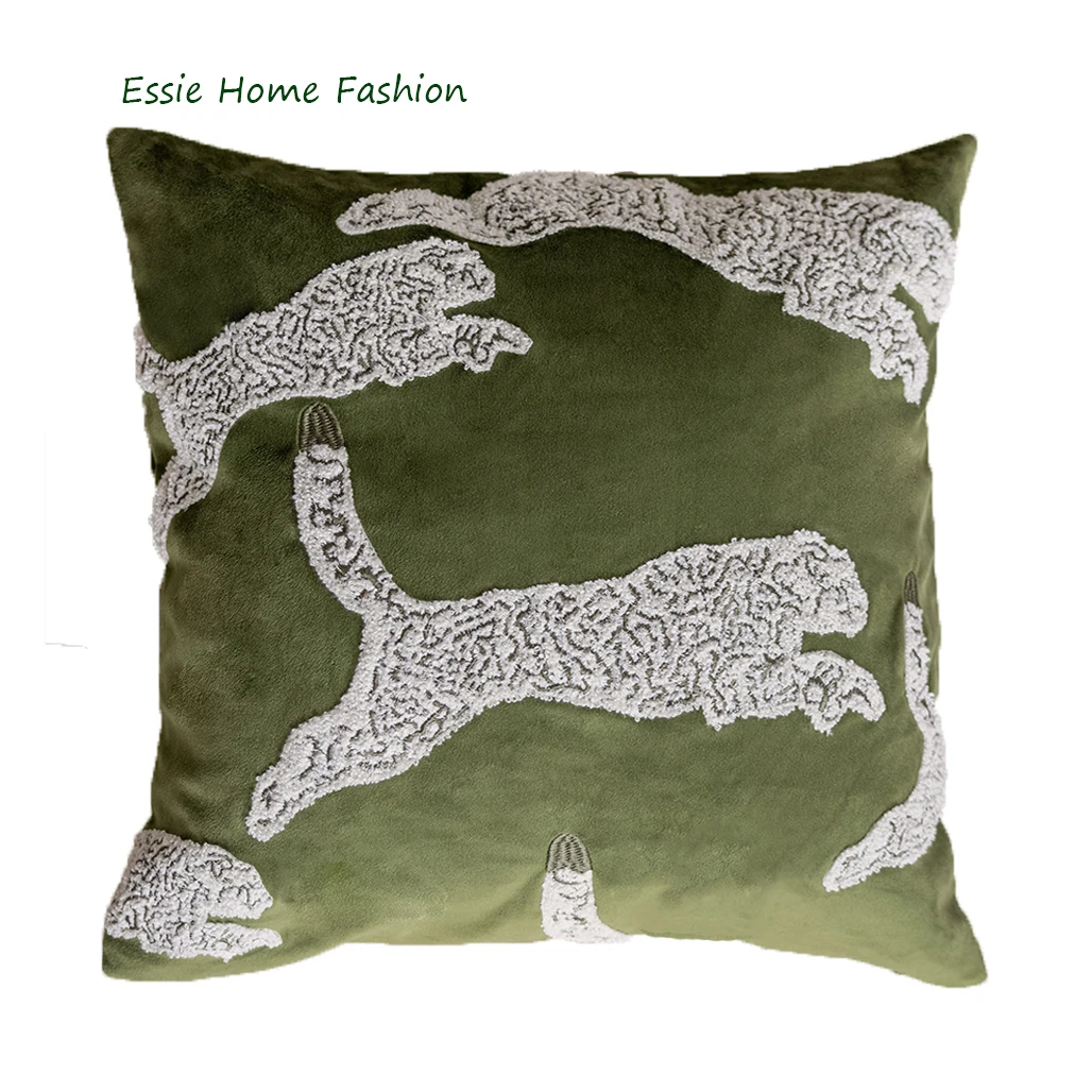 ESSIE HOME Green Velvet Olive Leopard Jaguar Cheetah Embroidered Cushion Cover Pillow Case With Tassel