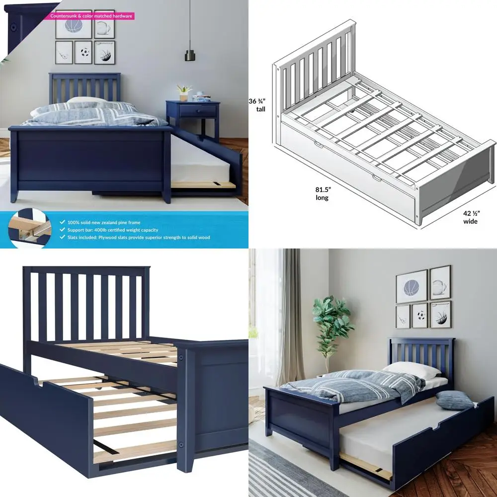 

Двуспальная кровать из синей древесины с решетчатым основанием и выдвижным спальным местом для детей, в стиле Макс и Лили
