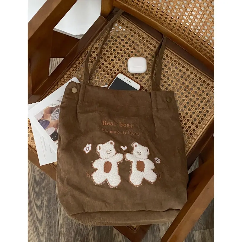 Bolso de mano de pana para mujer, bolsa de compras duradera con bordado de oso, bolsos de mano