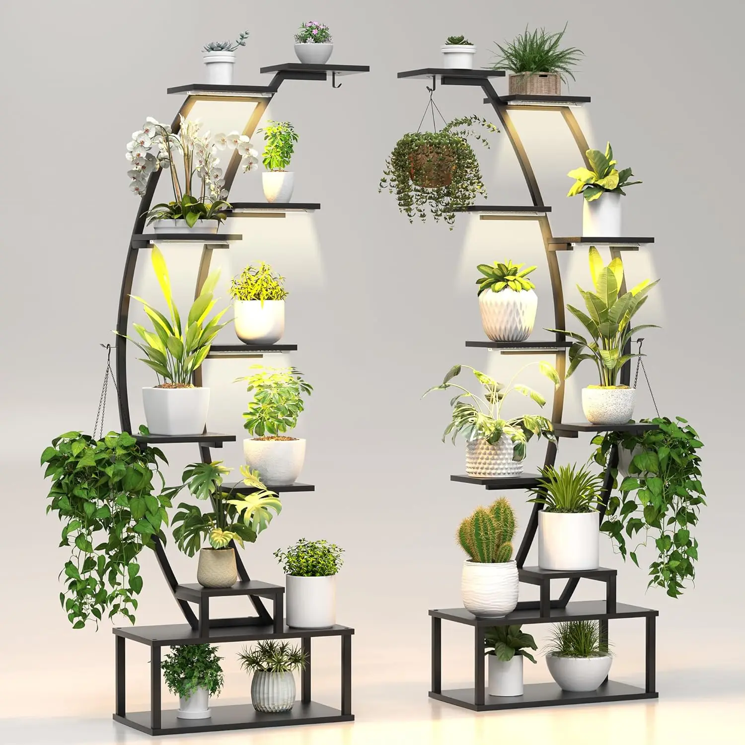 10-Tier Indoor Plant Stand with 8 LED Grow Lights, 65" Tall Half Moon Rack for Herbs & Decor, 2-Pack