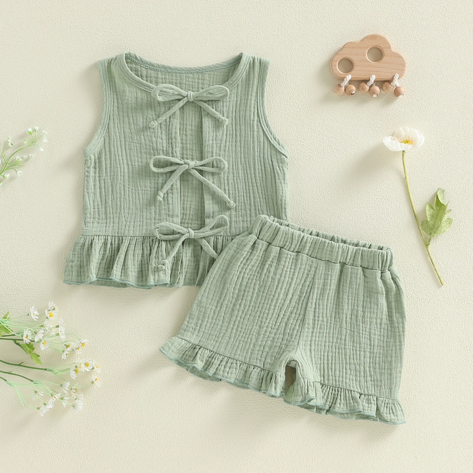 Toddler Infant Baby Girls Summer Outfits Casual Sleeveless O Neck Tie Front Tops and Shorts 2pcs Clothes Sets