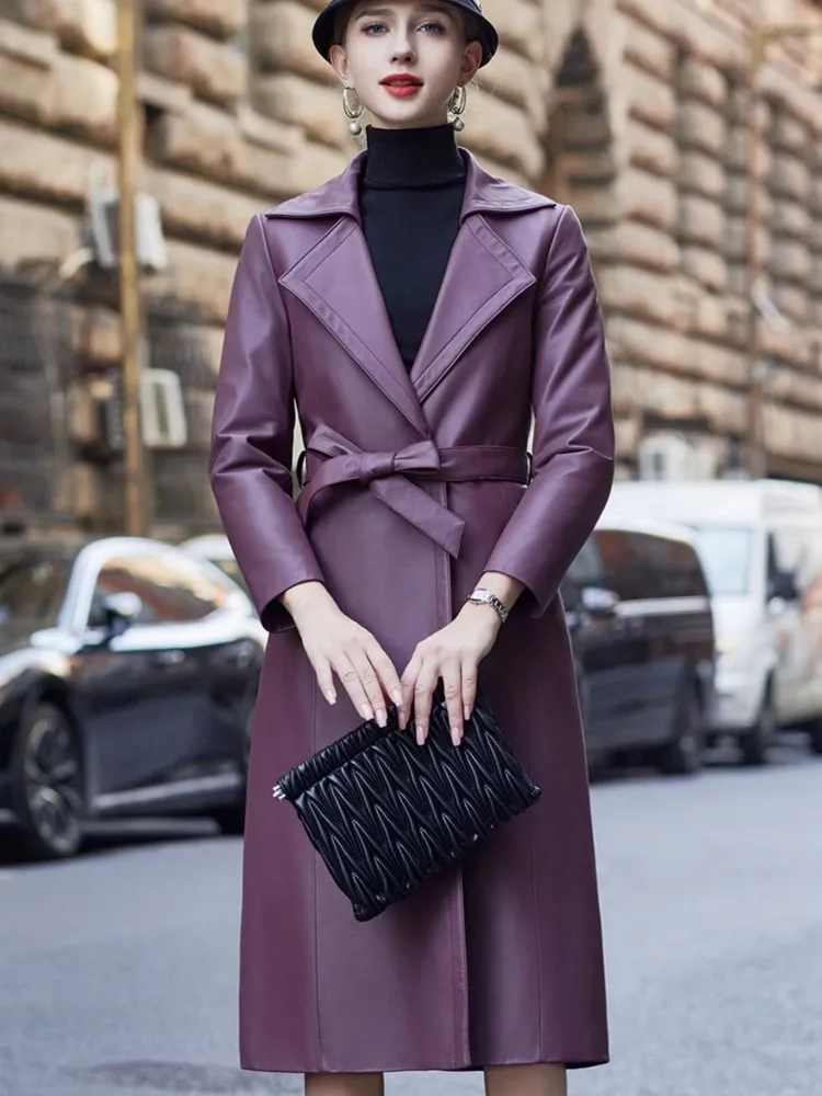 Gabardina con cinturón largo para mujer, chaqueta de piel de oveja, abrigo de plumón cálido púrpura, cuello de piel de zorro, ajuste Delgado,