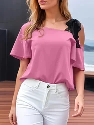 Fashionable Lace Stitched Cold Shoulder Blouse, Elegant Casual Short-Sleeved Spring And Summer Blouse, Women's Wear