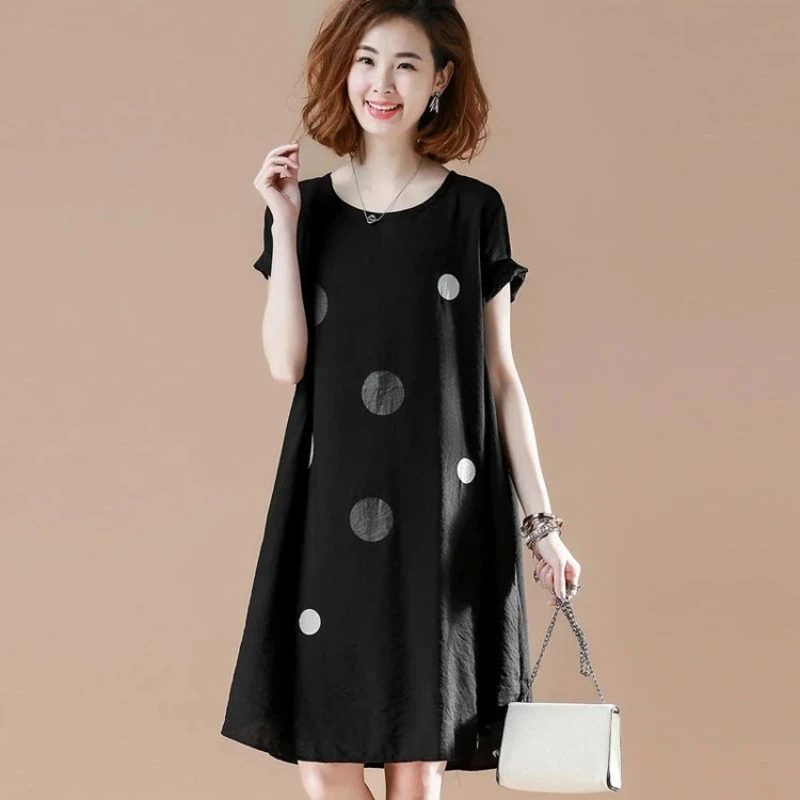 Simple Polka Dot A Line Dress For Women Casual Loose Fit O Neck Short Sleeve Knee Length Summer Wear