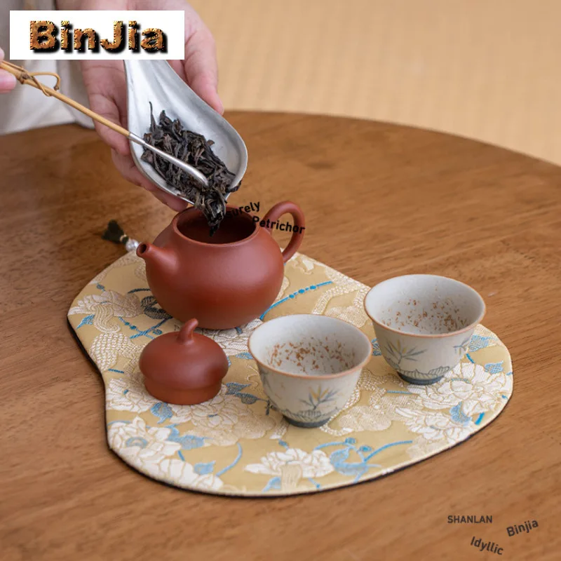 Brocade Gourd Double-sided Tea Table Mats Handmade Tea Tray Napkin Cloth Drink Coaster Dinner Table Cloth Mat Tea Ceremony Craft view 3