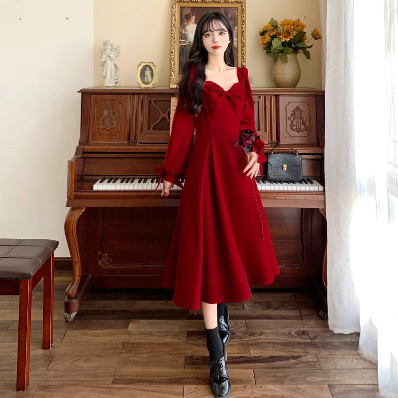 Elegant Long Dresses For Women 2023 Female Large Size Autumn Winter Loose A Line Square Collar Bow Tie Red Cotton Party Vestido