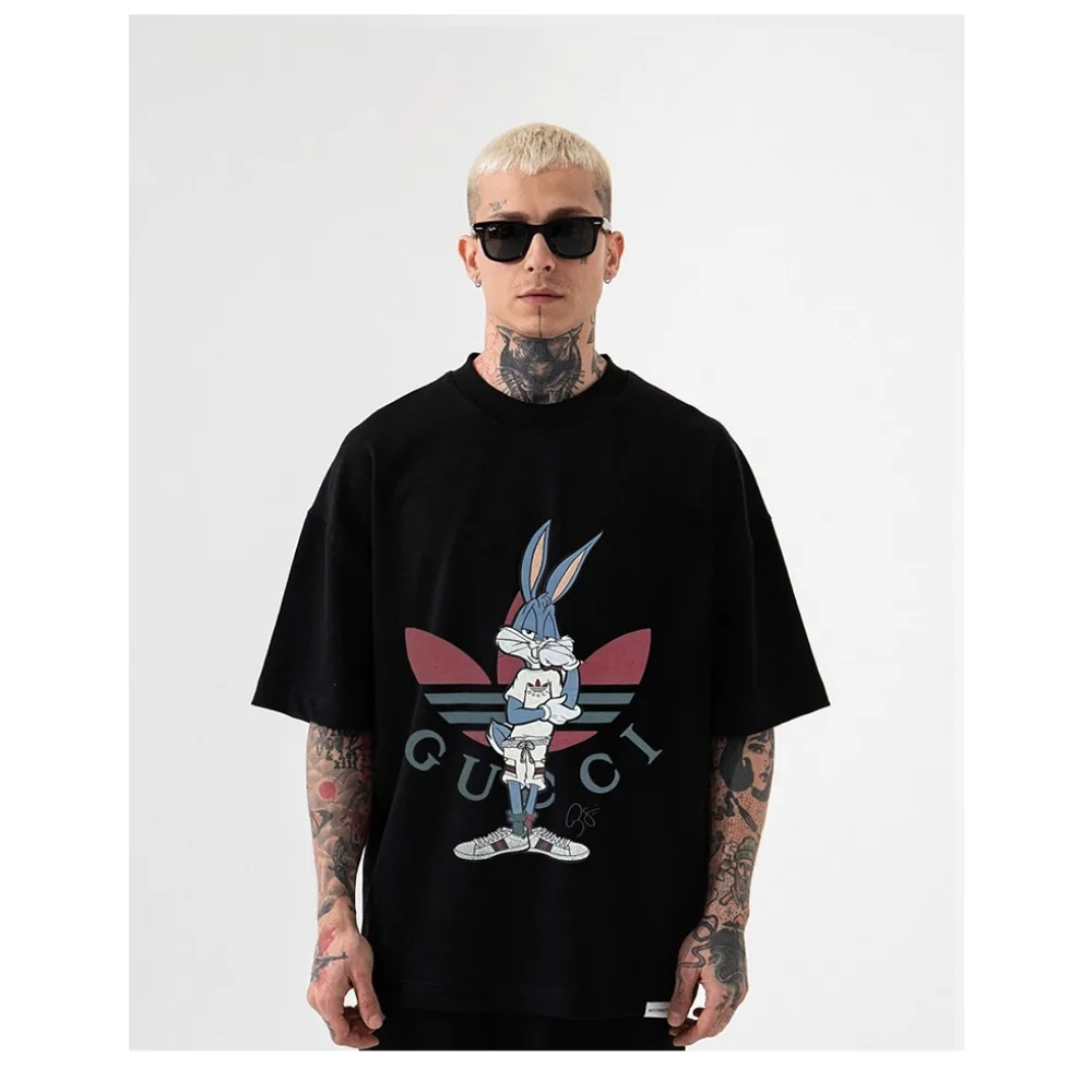 

Summer New Product Cartoon Hand-painted Spoof Big-name Joint Guochao Short-sleeved T-shirt Couple Outfit Hip-hop Loose Short Tee