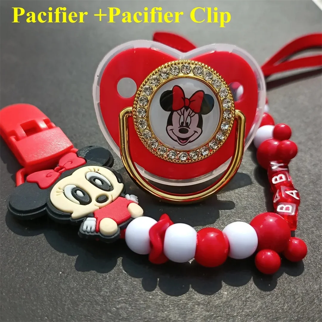 2024 New Baby pacifier Red Minnie Mouse Glitter Teeth BPA-free baby silicone pacifier personalized letter clip Baby shower gift