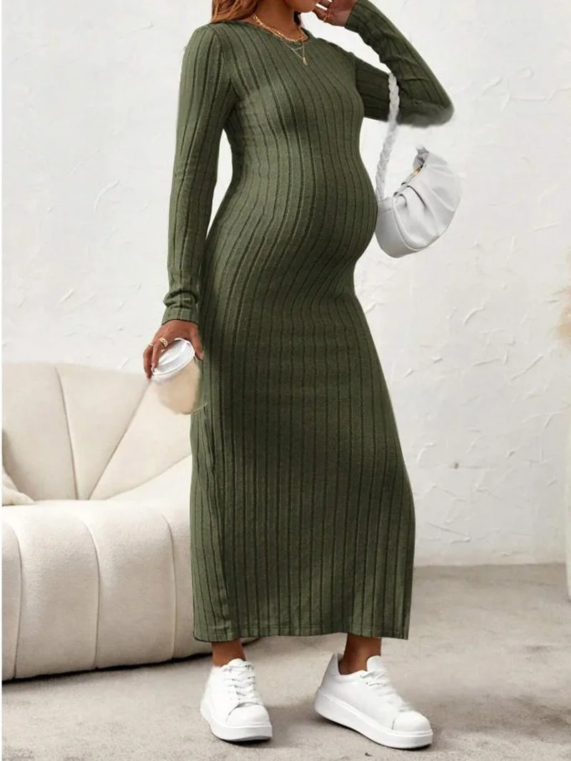 

Maternity Long Sleeve Photoshoot Dress Autumn Winter Premama O-Neck Slim Slit Knit Casual Long Dress for Pregnant Women Clothes